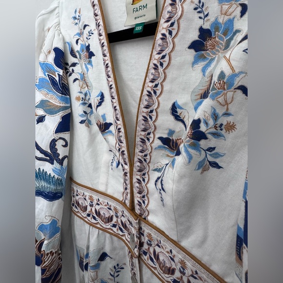 Farm Rio Mystic Blue Lotus Placed Print Long Sleeve Linen Blend Maxi Dress - Picture 11 of 16